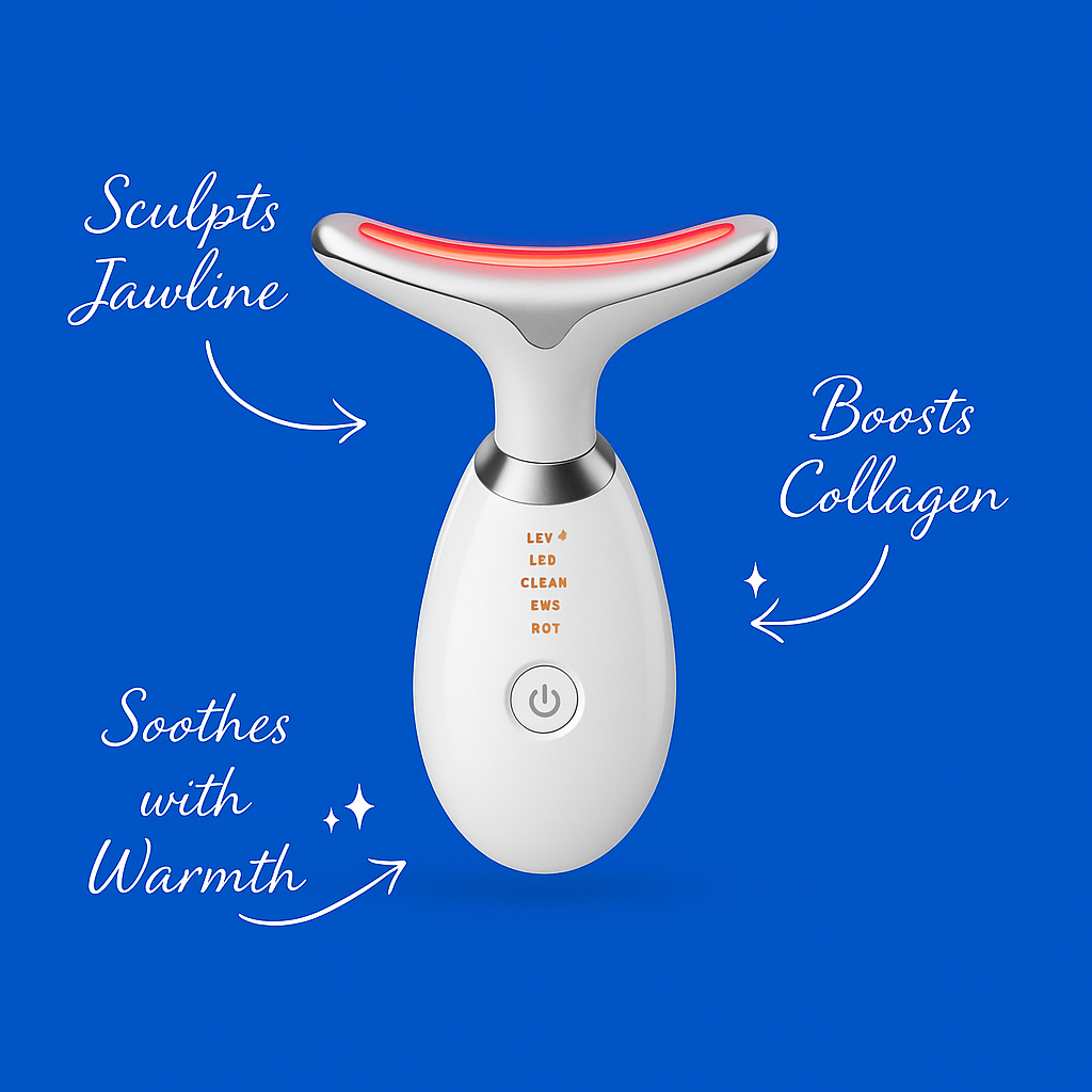 Facial massager device with text on a blue background