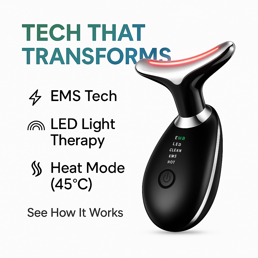 Black electronic device with LED light therapy and heat mode on a white background