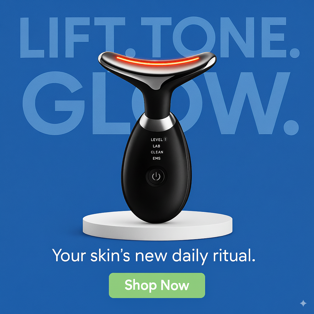 Black skin care device on a white platform with blue background and text 'Lift. Tone. Glow.'