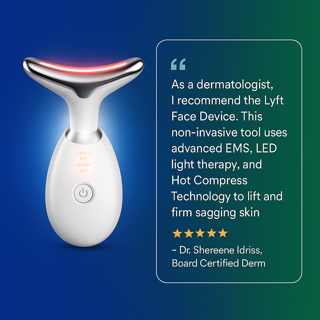 Lyft Face Device with a dermatologist's endorsement on a blue and green gradient background
