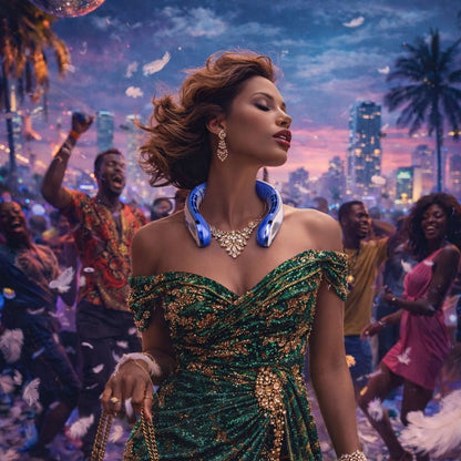 Woman in a green and gold dress with a cityscape and palm trees in the background