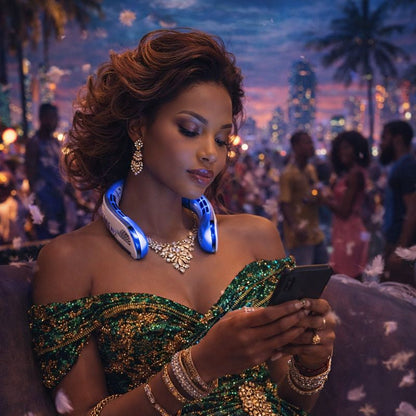 Woman in a glamorous outfit with jewelry and a phone, set against a vibrant cityscape.