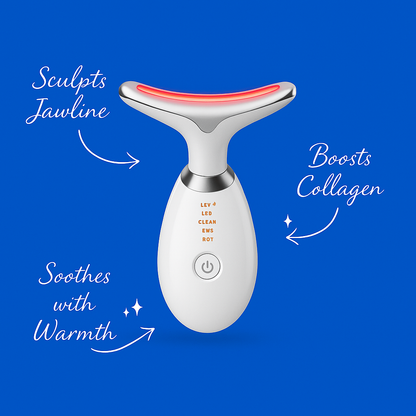 Facial massager device with text on a blue background