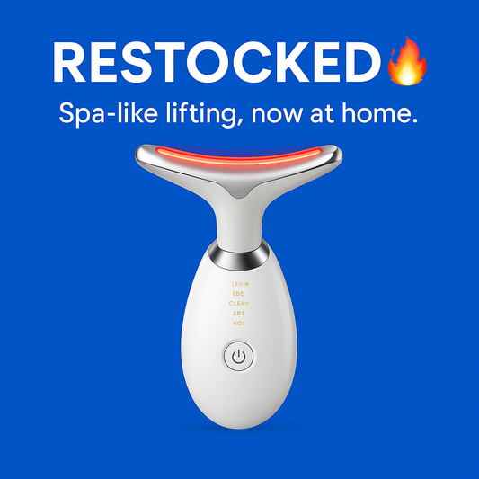 White electronic device with red light on a blue background, featuring text 'RESTOCKED' and 'Spa-like lifting, now at home.'