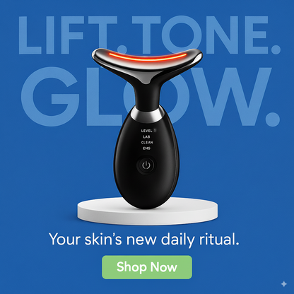 Black skin care device on a white platform with blue background and text 'Lift. Tone. Glow.'
