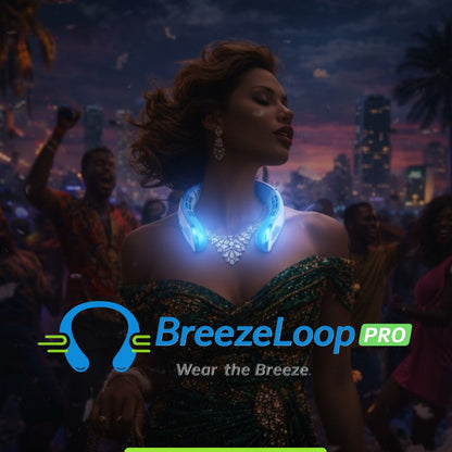 Woman wearing a glowing necklace with 'BreezeLoop Pro' branding against a cityscape background.