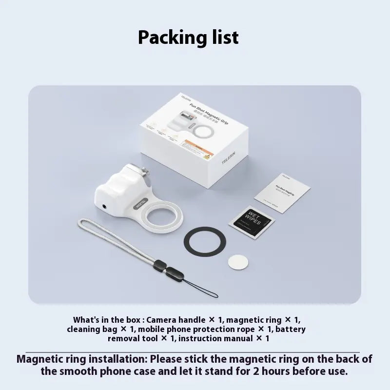 Packing list of camera accessories including a camera handle, magnetic ring, cleaning bag, phone protection rope, battery removal tool, and instruction manual on a light gray background.